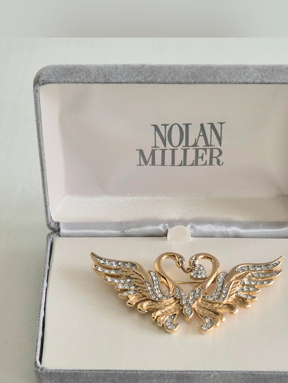 Nolan Miller Vintage "Kissing Swans" Pin-Gold Plated with Clear Savoski Crystals